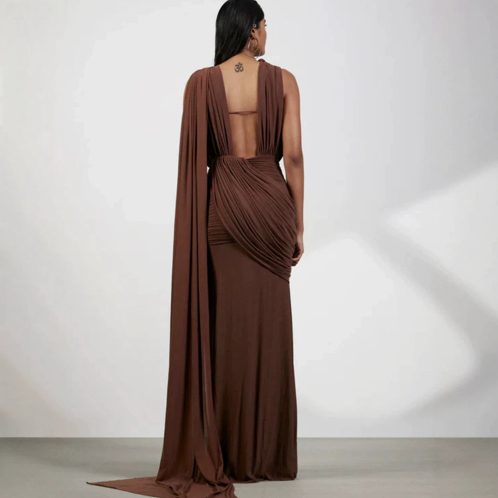 Floor-Length Wrap Dress with Draping
