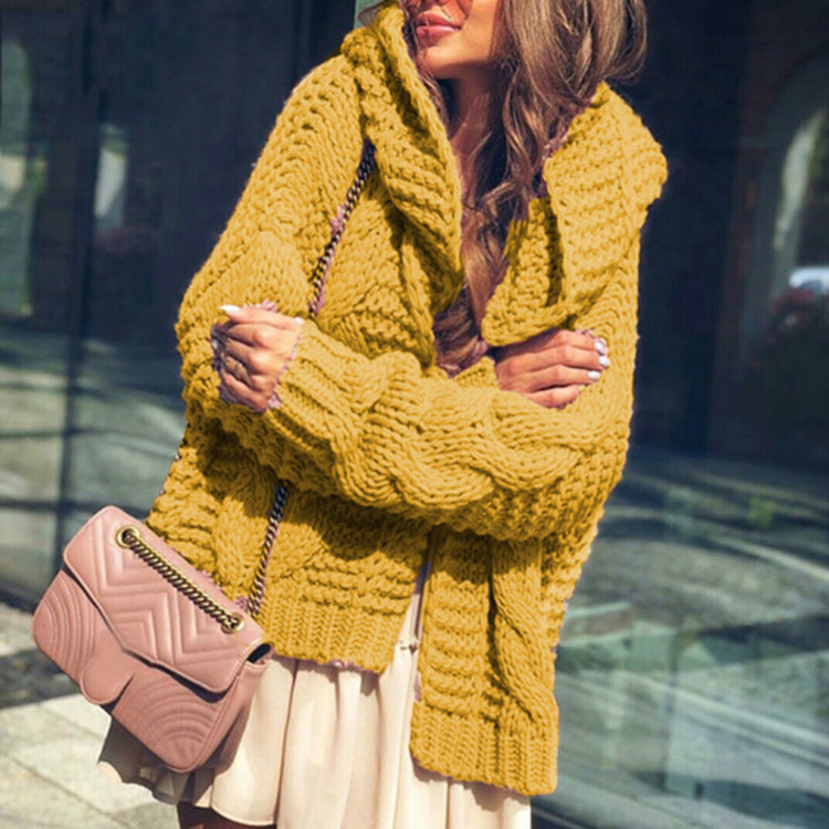Women's Chunky Knit Cardigan with Plaid Pattern and Oversized Cut