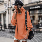 Women's Chunky Knit Sweater with High Collar and Casual Fit