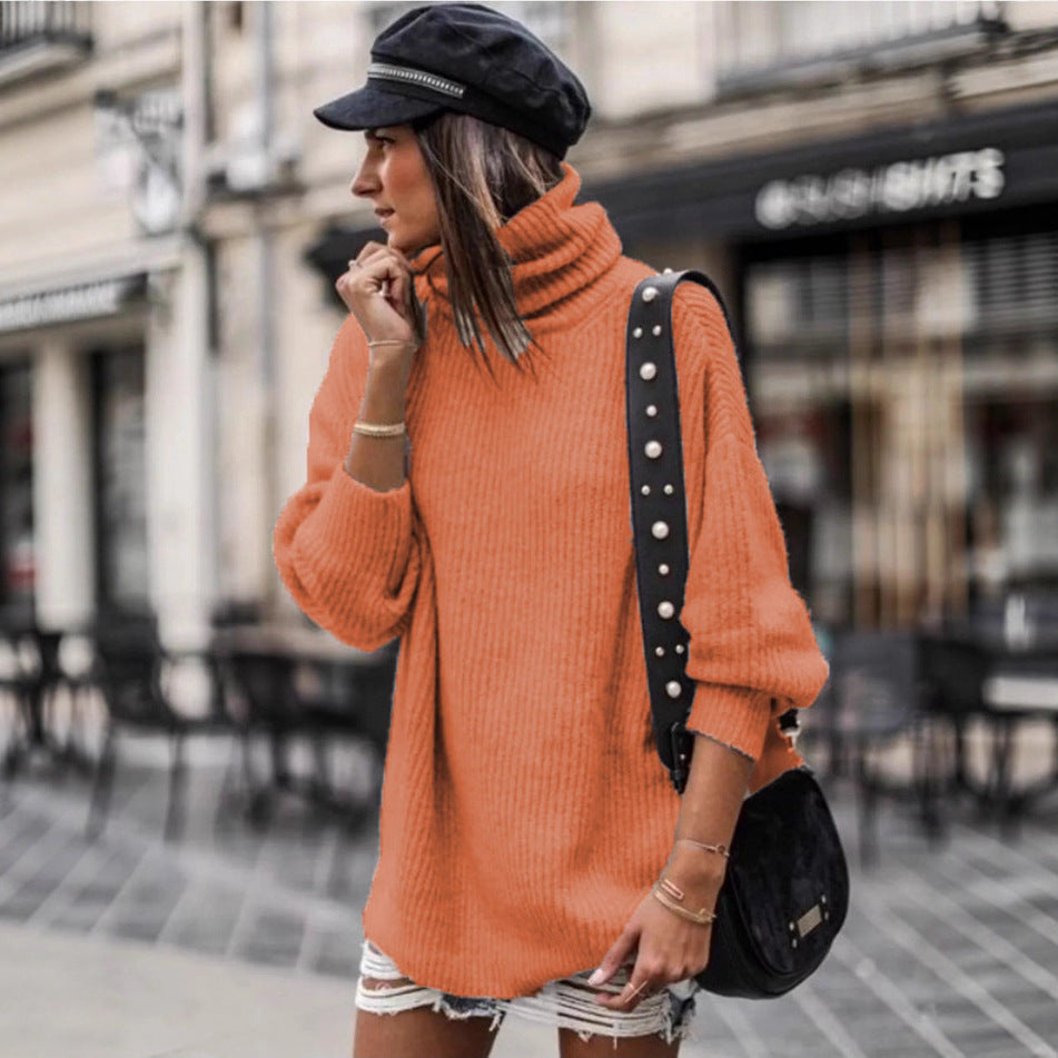 Women's Chunky Knit Sweater with High Collar and Casual Fit