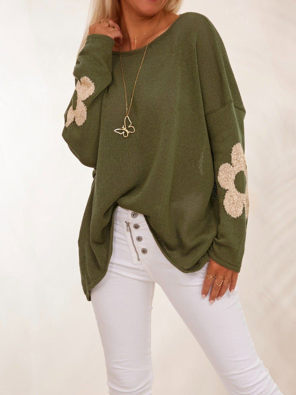 Women's Chunky Knit Sweater with Floral Design and Wide Fit