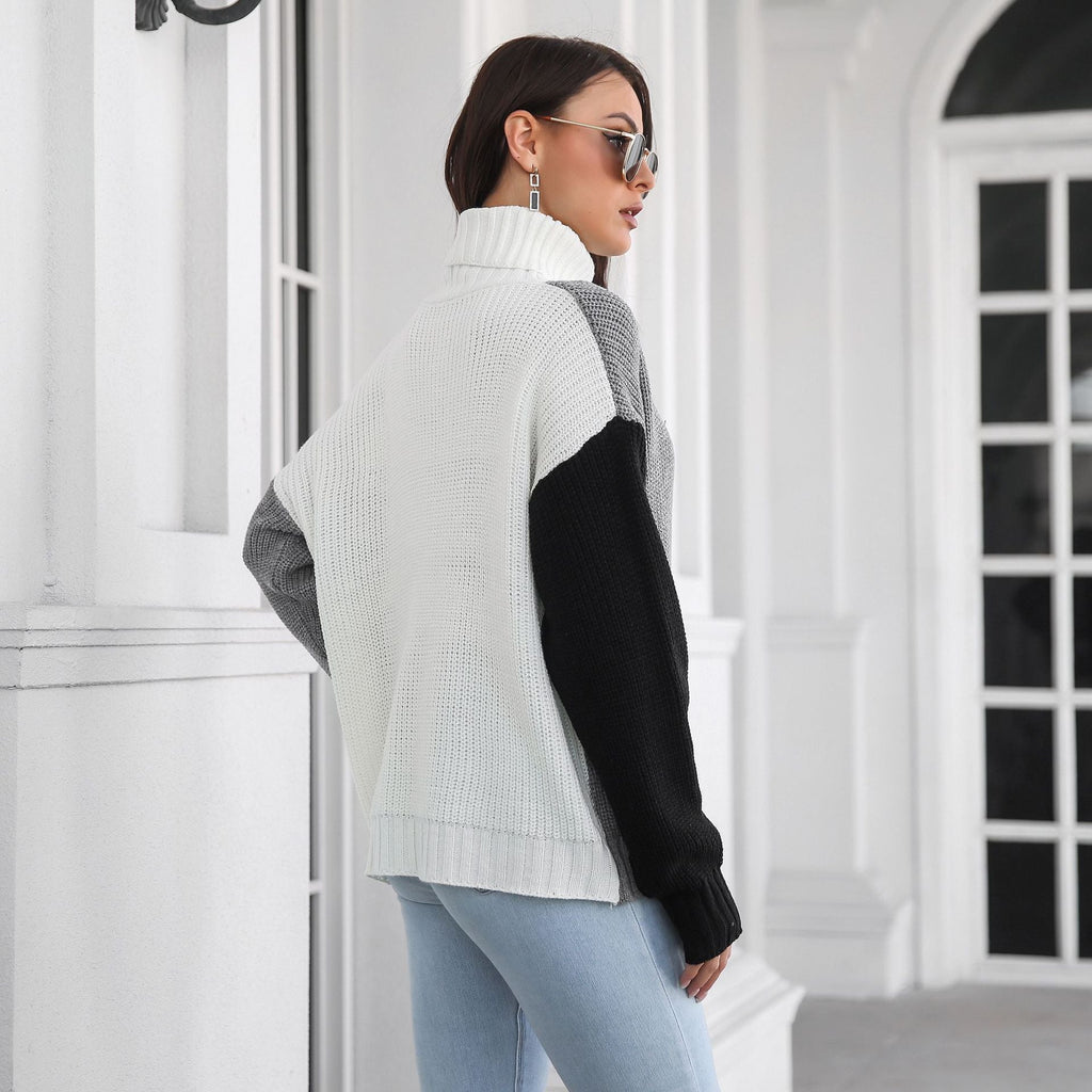 Women's Chunky Knit High-Neck Colorblock Sweater