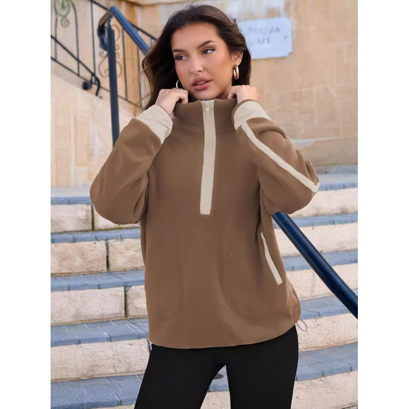 Women's Fleece Pullover with Half Zipper and Contrasting Sleeves
