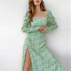 Women's Floral Maxi Dress with Asymmetric Slit and Puff Sleeves