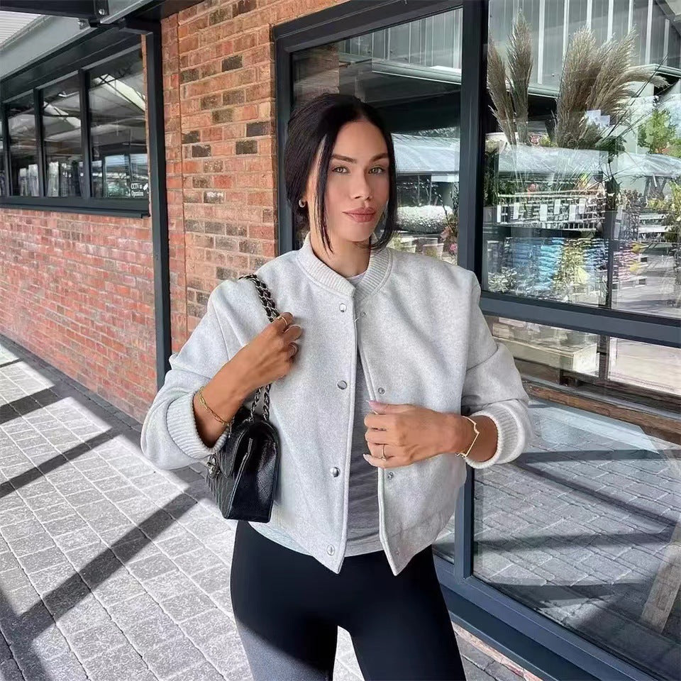 Women's Cropped Jacket with Modern Stand-up Collar and Snap Button Closure
