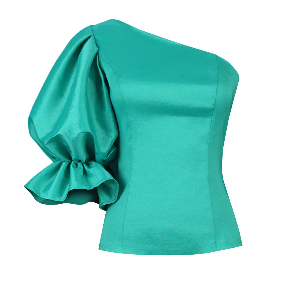 Women's Blouse with Asymmetrical Neckline and Voluminous Puff Sleeves