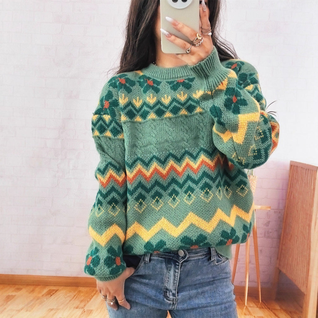 Women's Chunky Knit Sweater with Colorful Zigzag Pattern and Floral Accents
