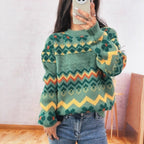 Women's Chunky Knit Sweater with Colorful Zigzag Pattern and Floral Accents