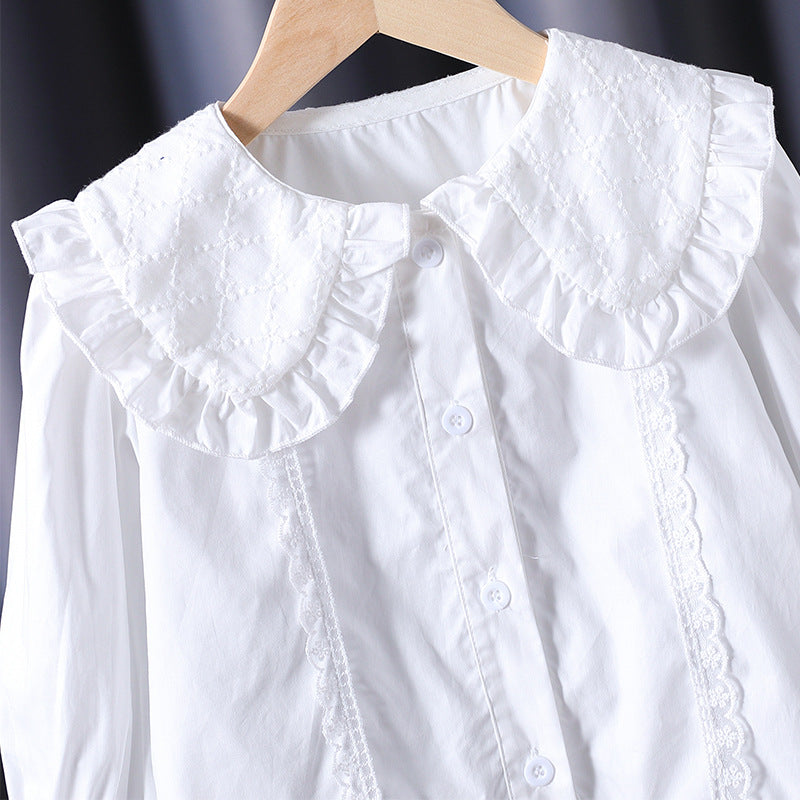 Women's Blouse with Nostalgic Collar and Ruffle Details