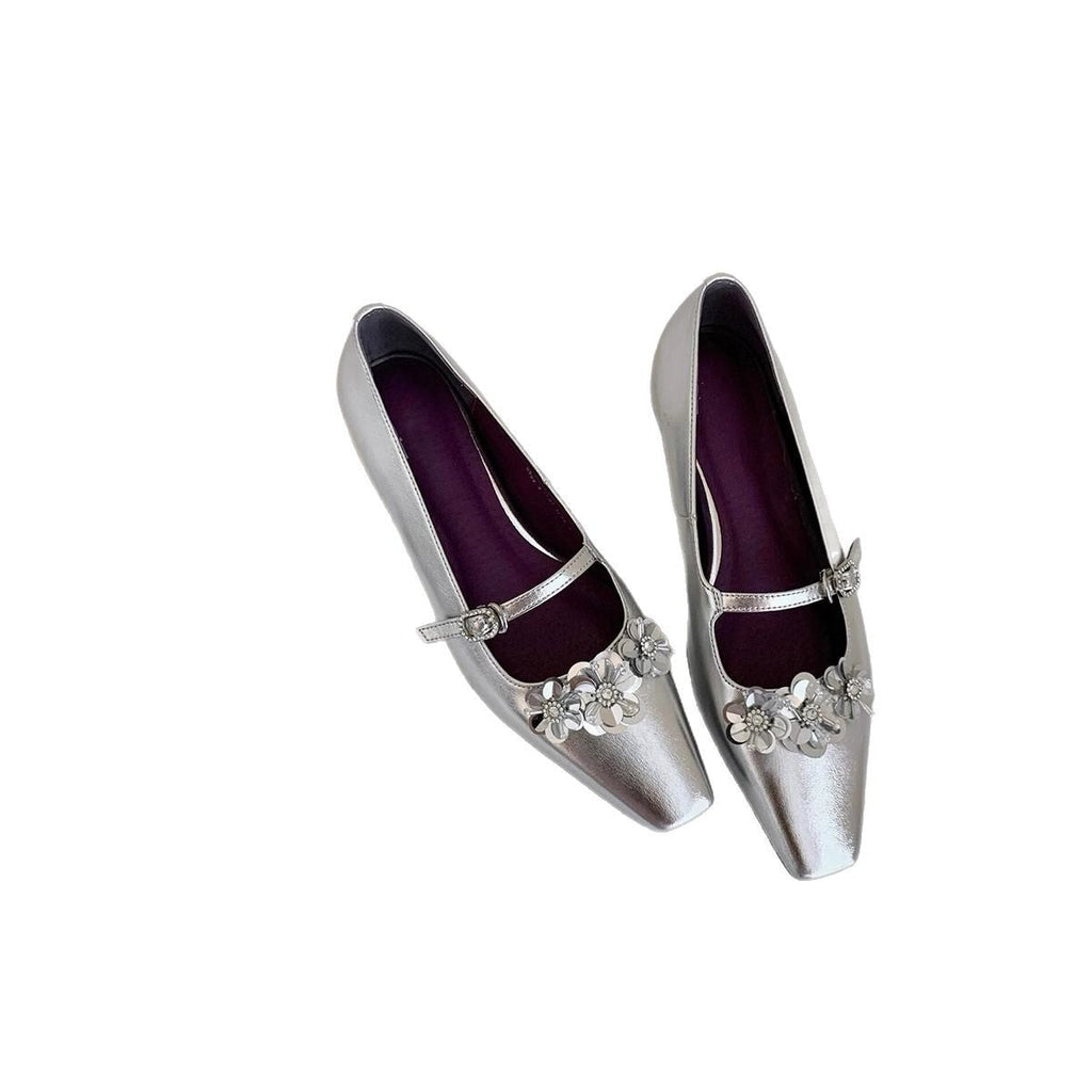 Women's Ballet Flats with Floral Appliqués and Glossy Finish