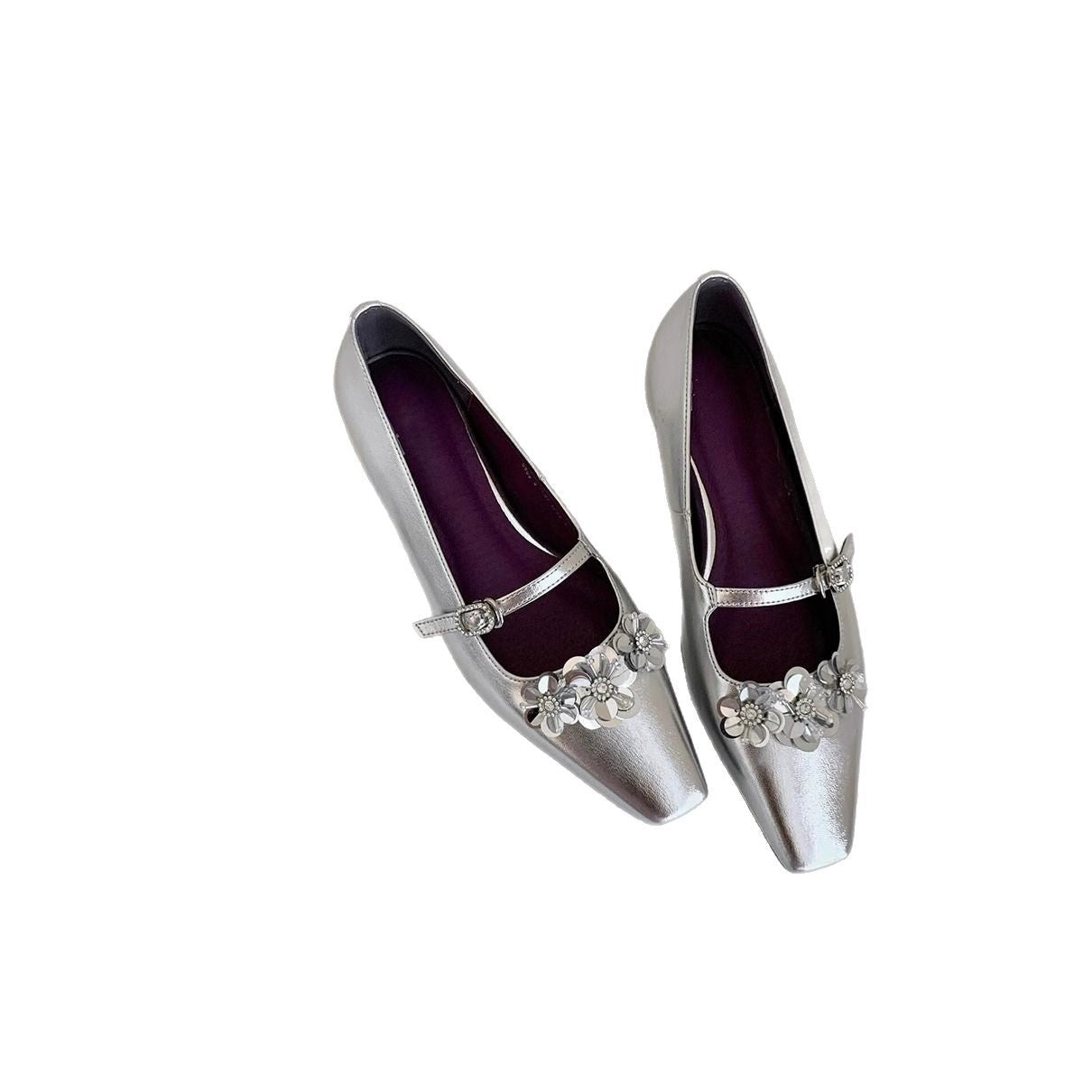 Women's Ballet Flats with Floral Appliqués and Glossy Finish