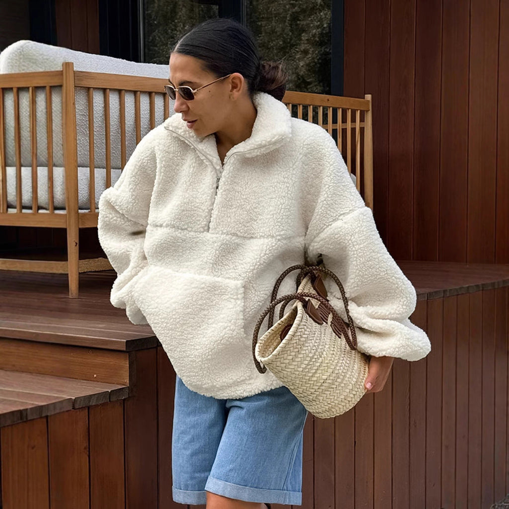 Women's High-Neck Fleece Pullover with Side Pockets