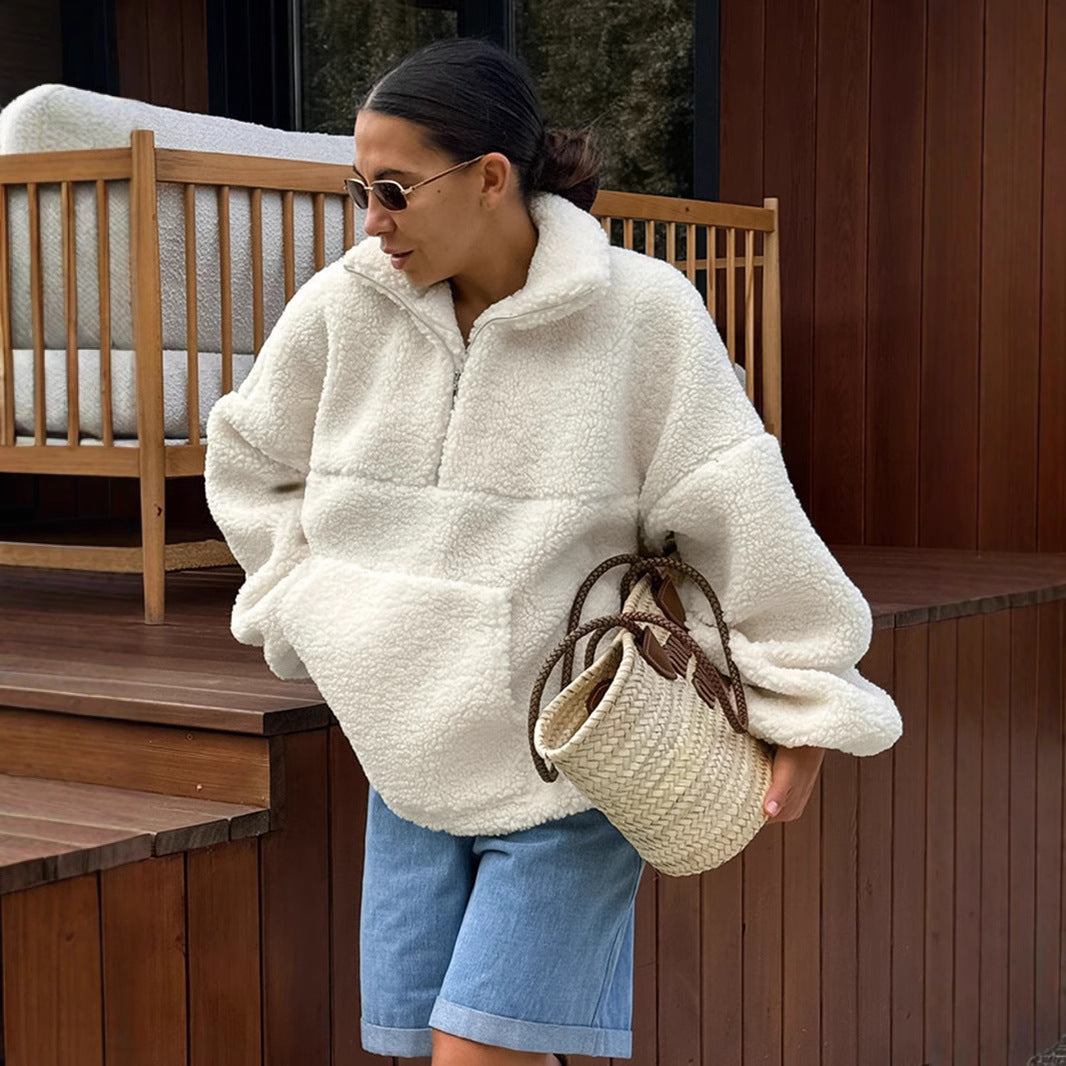 Women's High-Neck Fleece Pullover with Side Pockets