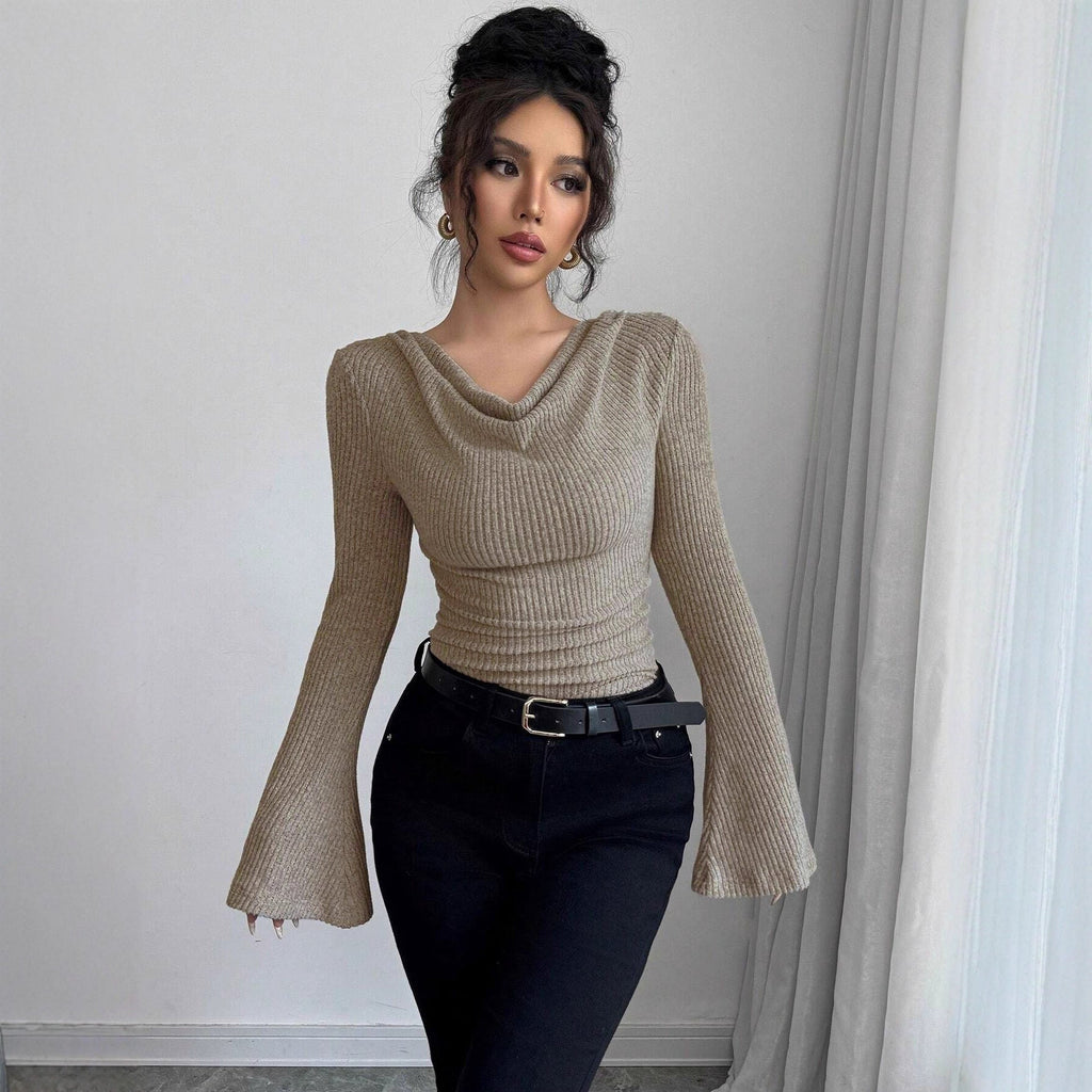 Women's Long-Sleeve Shirt with Ribbed Texture and Wide Sleeves