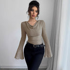 Women's Long-Sleeve Shirt with Ribbed Texture and Wide Sleeves