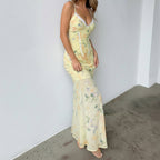 Women's Floral Maxi Dress with Spaghetti Straps and Lace Accents