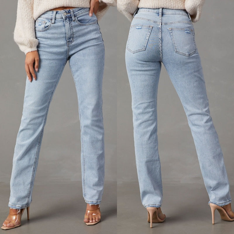 High-Waist Jeans with Casual Fit and Frayed Hem