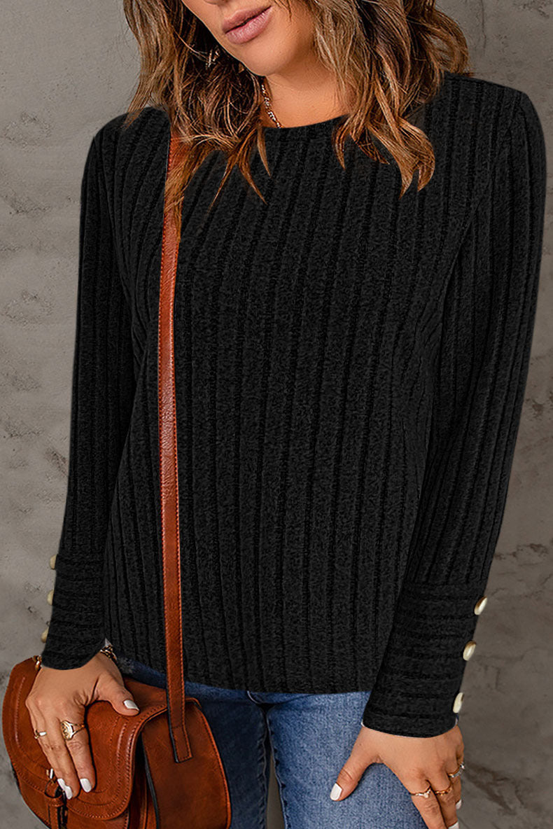 Women's Fine Knit Pullover with Ribbed Texture and Button Details