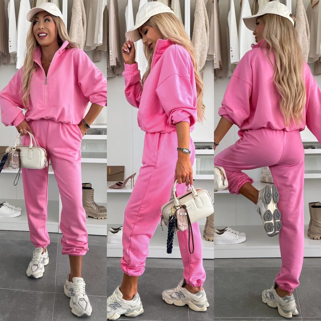 Women's Cozy Leisure Jogging Suit with Half Zipper