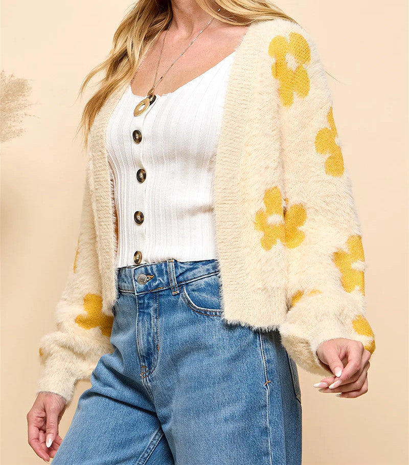 Women's Fluffy Cardigan with Floral Pattern