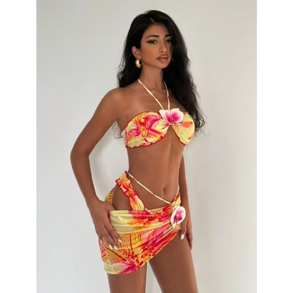 Women's Floral Bandeau Bikini with Wrap Skirt