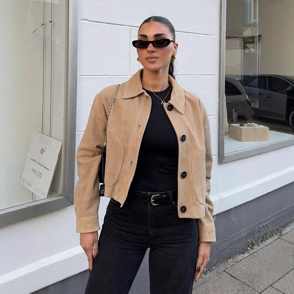 Women's Cropped Faux Leather Jacket with Side Pockets