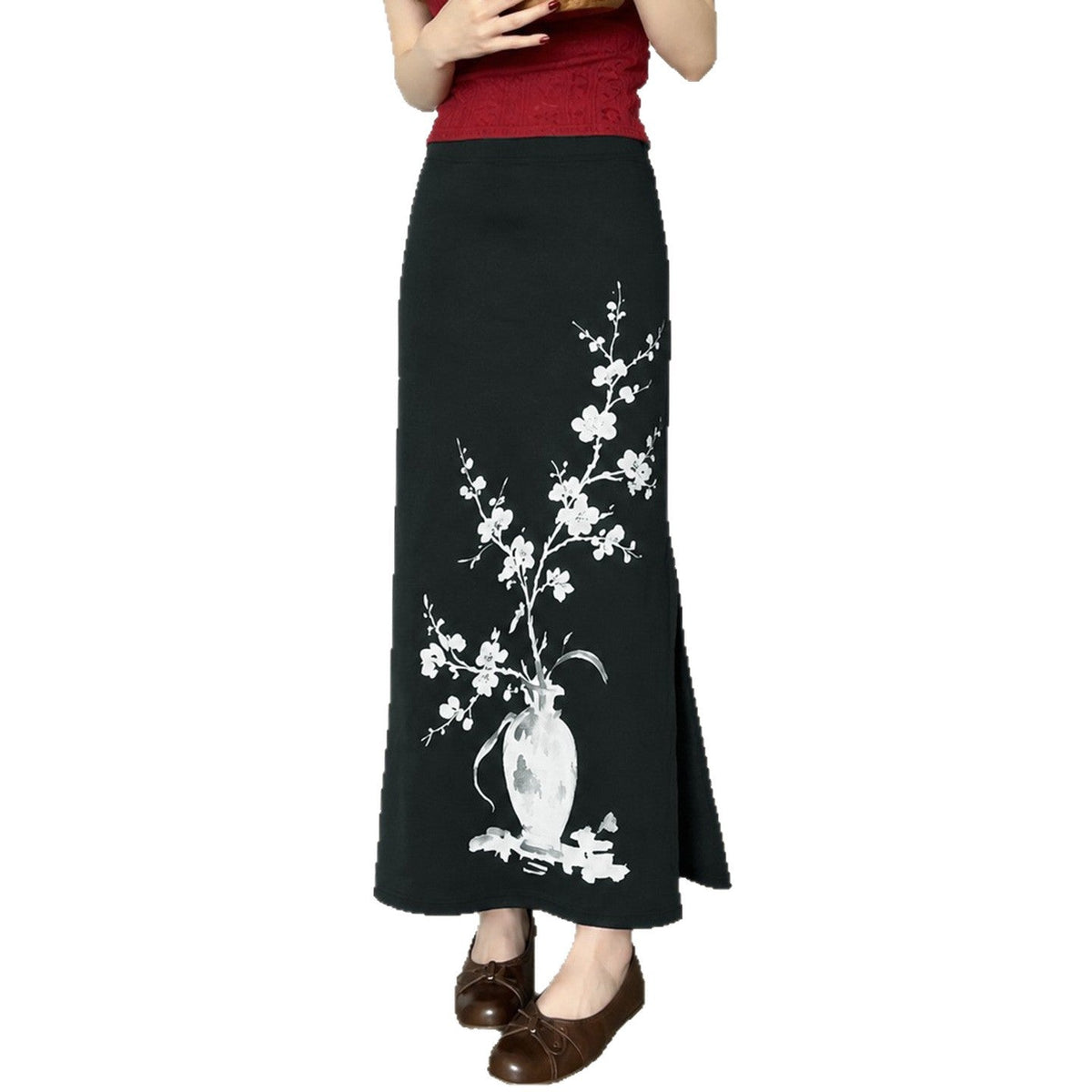 Women's Flared Maxi Skirt with Floral Vase Print