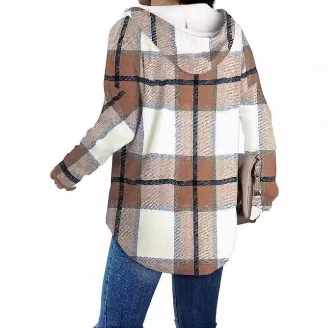 Casual Plaid Blouse with Hood