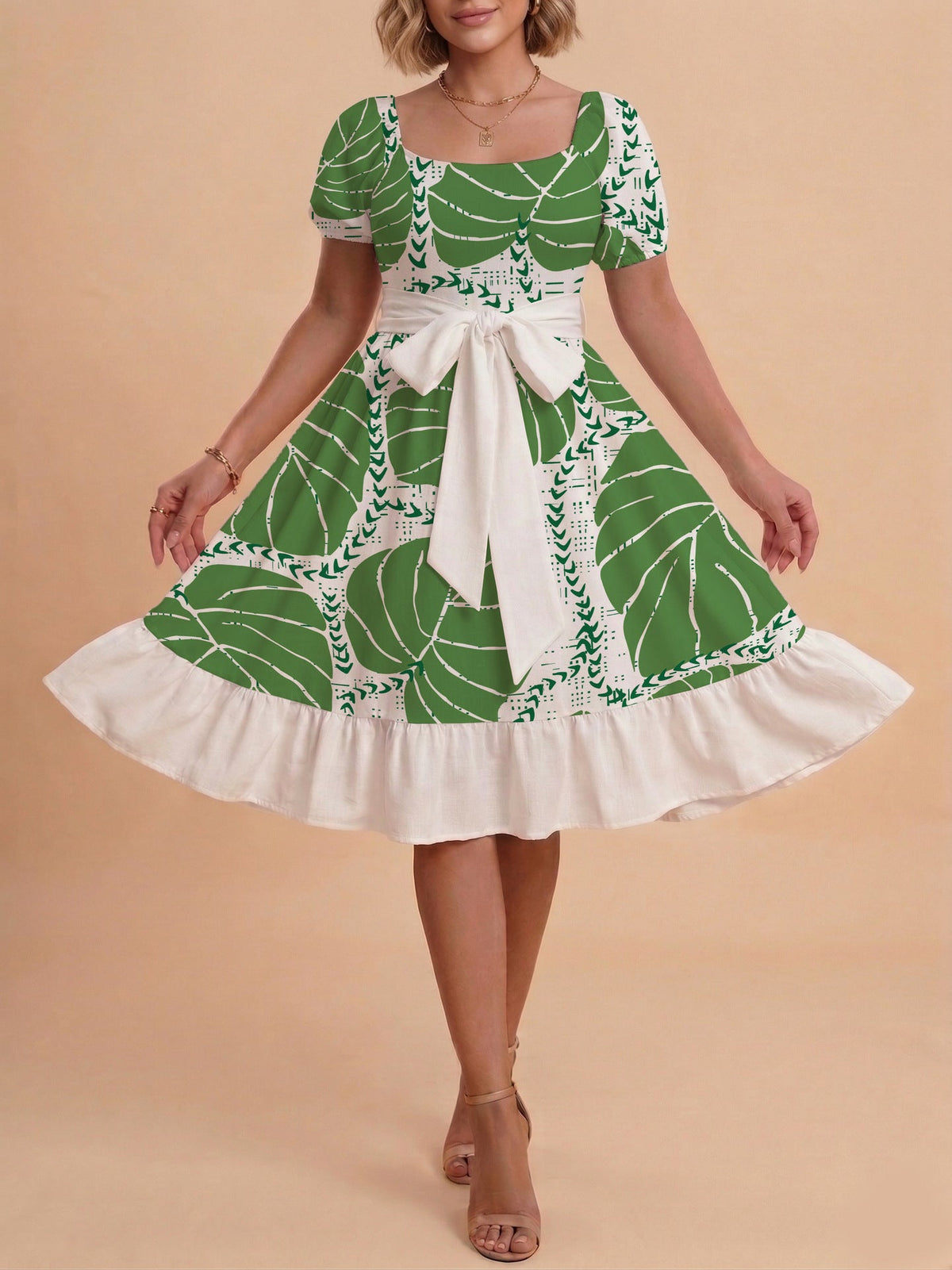 Women's A-Line Dress with Floral Motifs and Adjustable Belt