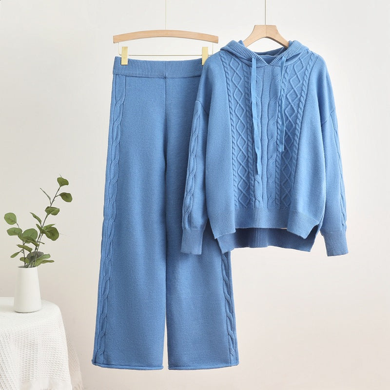 Women's Casual Knit Loungewear Set with Hood and Wide Legs