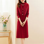 Women's Elegant Knit Set with High-Quality Fur Collar and Ribbed Texture