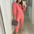 Elegant Women's Cropped Top and High-Waisted Trousers Set