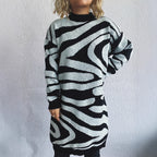 Women's Chunky Knit Sweater with Modern Zebra Design and High Collar