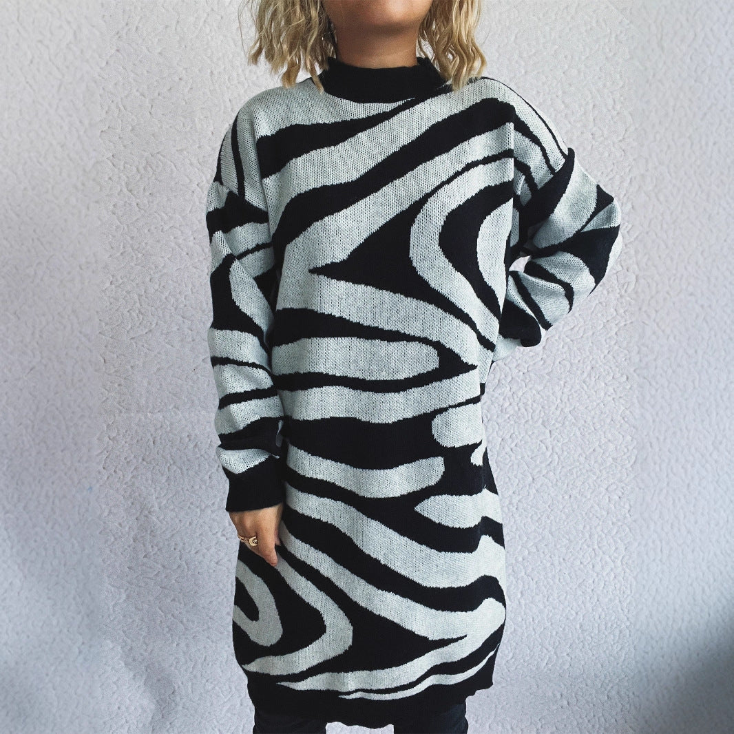 Women's Chunky Knit Sweater with Modern Zebra Design and High Collar