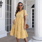 Women's Flowy V-Neck Jumpsuit with Ruffles and Plaid Pattern