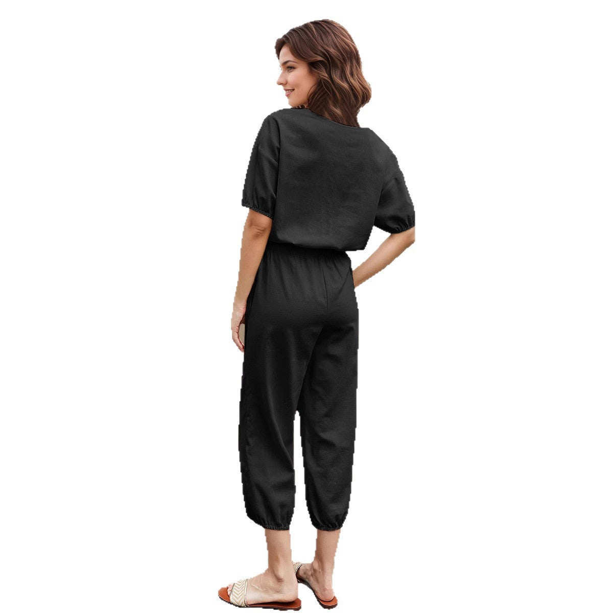 Women's Fashionable Two-Piece Set with Elastic Waist and Stylish Puff Sleeves