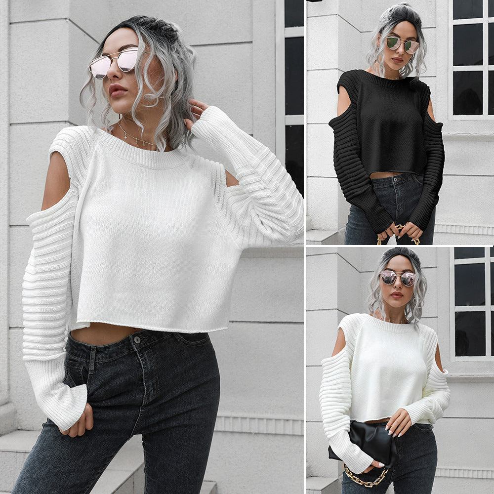 Women's Off-Shoulder Cropped Ribbed Sweater