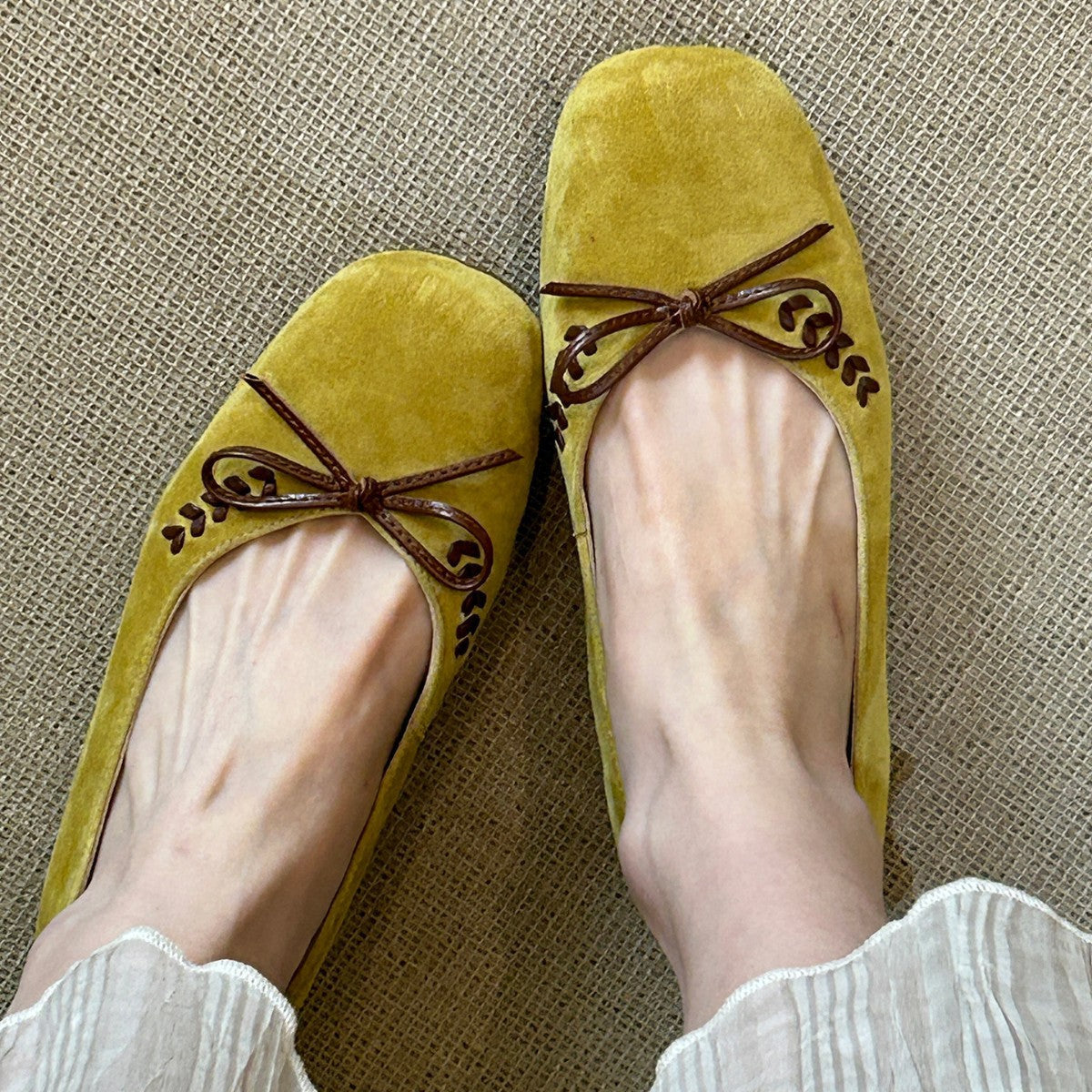 Women's Suede Ballet Flats with Decorative Bow Detail
