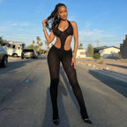 Women's Cut-Out Bodycon Jumpsuit with Deep V-Neck and Crochet Texture