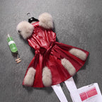 Women's Elegant Faux Leather Coat with Faux Fur Accents and Belt