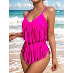 Women's Swimsuit with Fringed Sleeve Design and V-Neck