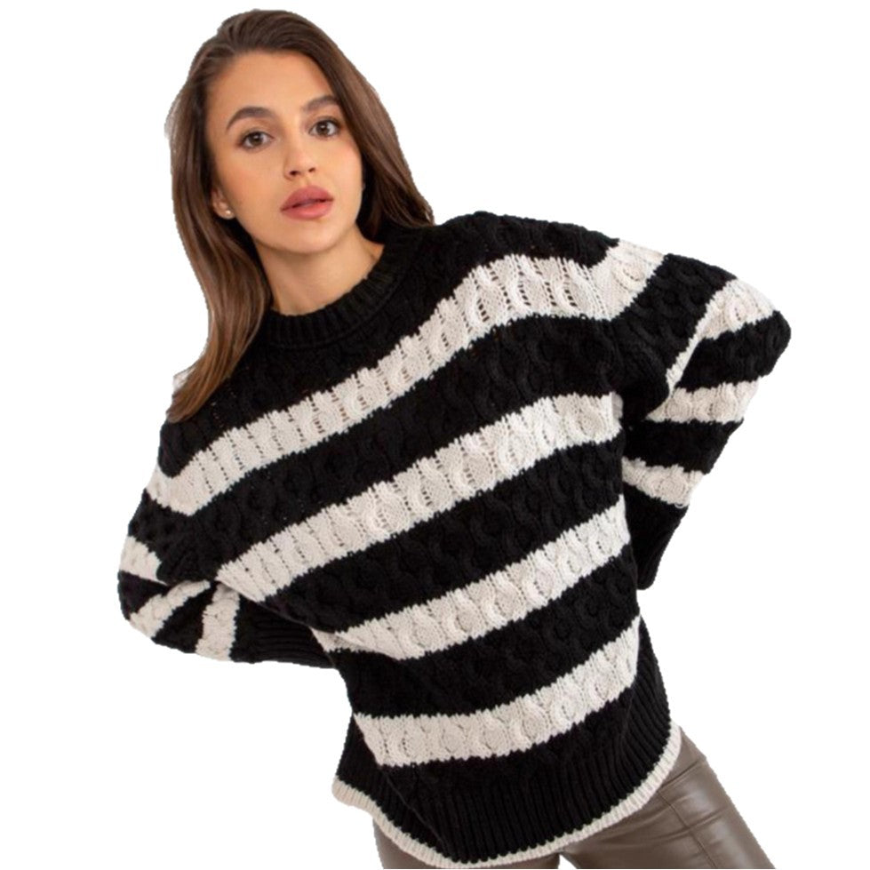 Women's Chunky Knit Sweater with Striped Pattern and Voluminous Sleeves