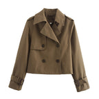 Women's Cropped Trench Coat with Double-Breasted Closure and Adjustable Sleeves
