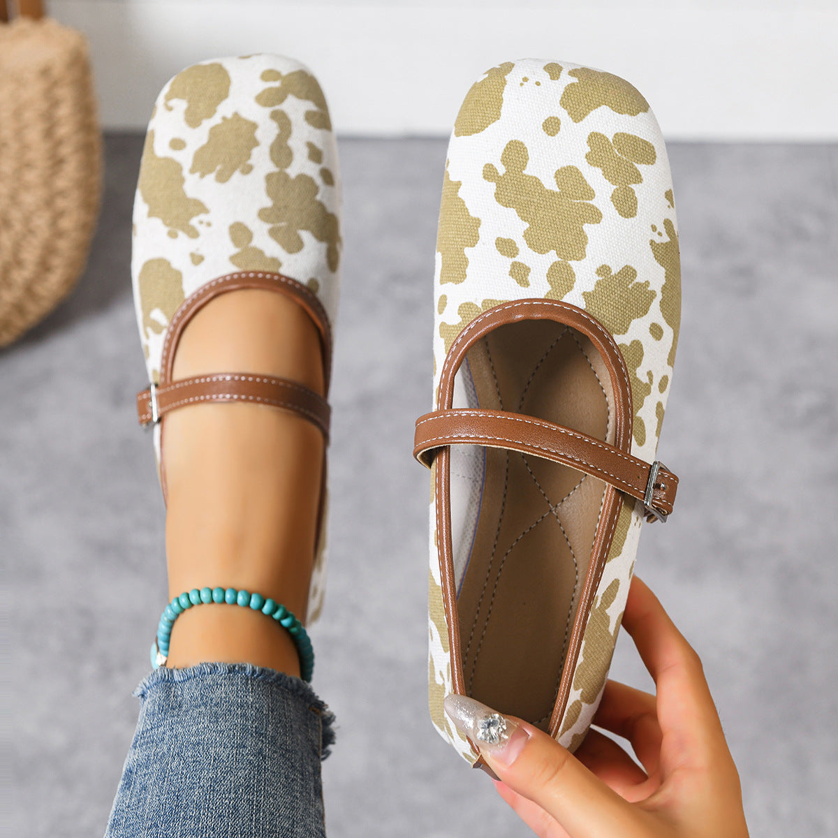 Women's Patterned Ballet Flats with Adjustable Buckle