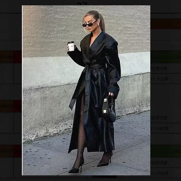Women's Faux Leather Trench Coat with Belt
