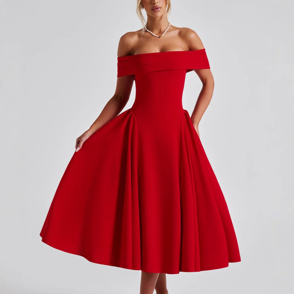 Women's Cocktail Dress with Off-Shoulder Design and Voluminous Skirt