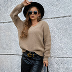 Women's Cozy V-Neck Knit Sweater with Relaxed Fit and Textured Pattern