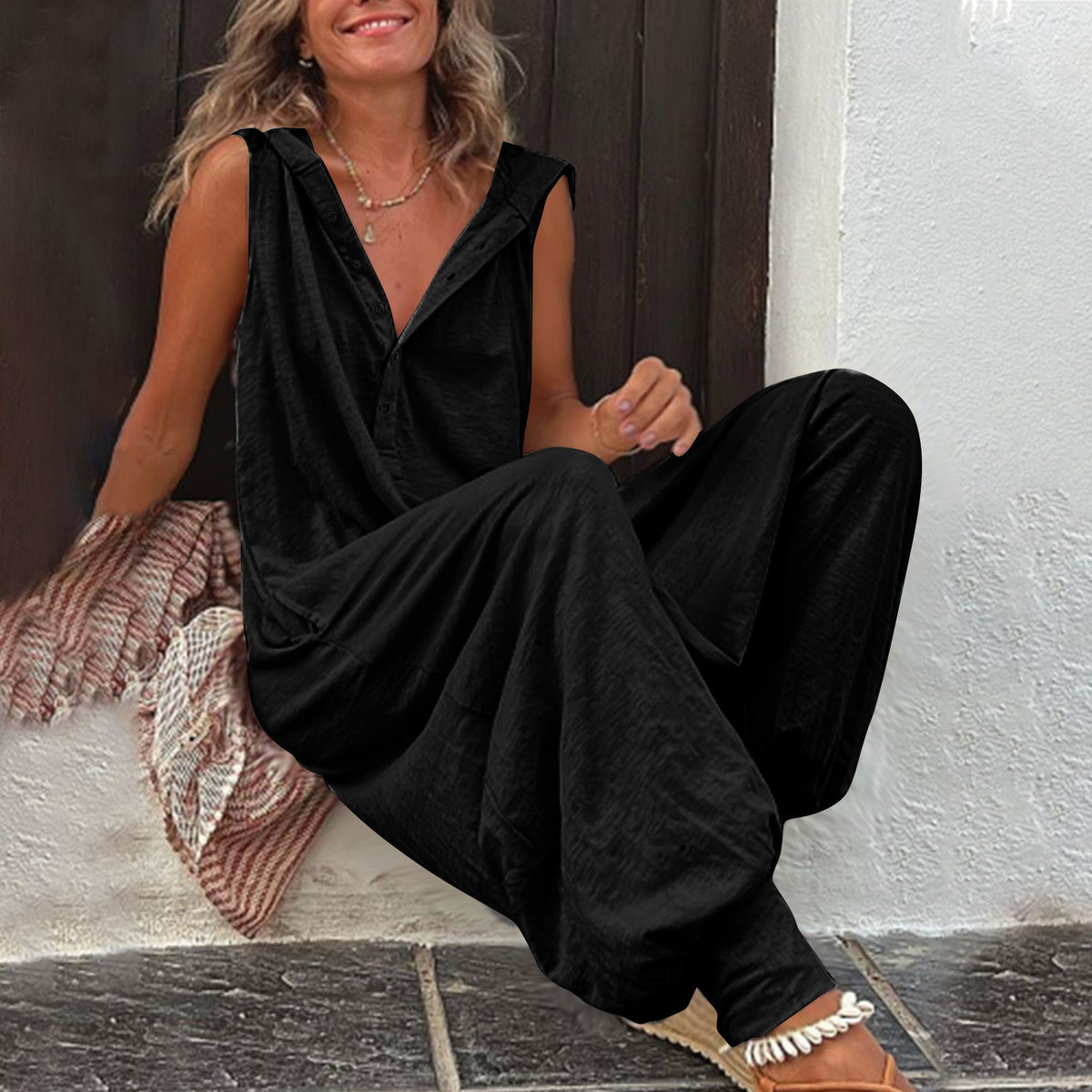 Women's Casual Jumpsuit with Hood and Button Closure