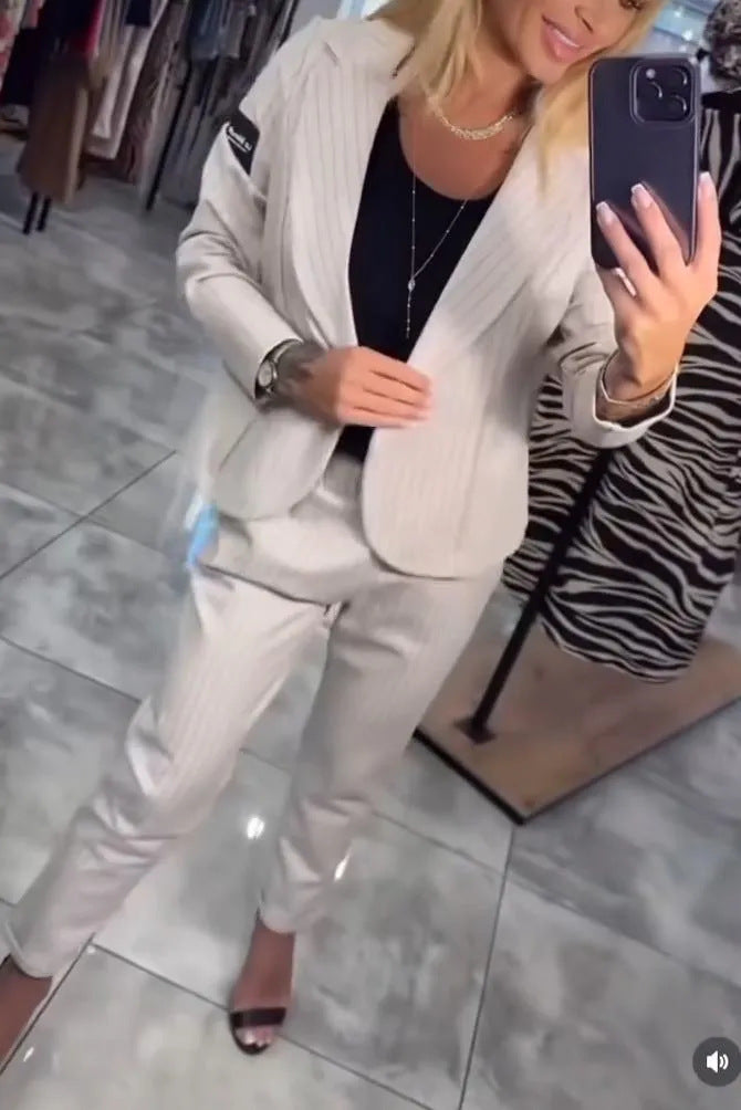 Women's Elegant Pinstripe Blazer and Trouser Set