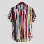Women's Short-Sleeve Shirt with Modern Striped Pattern and Chest Pocket